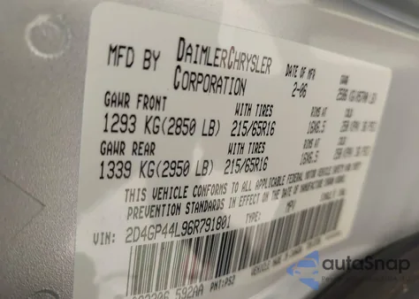 2006 Dodge Grand Caravan Sxt from USA, damaged, VIN 2D4GP44L96R791801